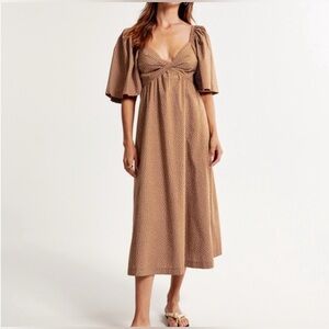 ABERCROMBIE & FITCH Angel Sleeve Midi Dress Cream Polka Dot on Brown Size XL